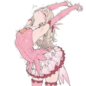 1girl armpits ascot blonde_hair breasts fate/kaleid_liner_prisma_illya fate_(series) gloves highres illyasviel_von_einzbern layered_skirt magical_girl orange_ascot skirt solo stretching tagme