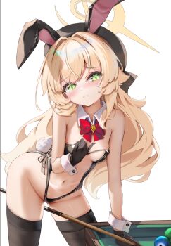1girl animal_ears ball bare_shoulders beret billiard_ball black_gloves black_hat black_leggings black_leotard black_thighhighs blonde_hair blue_archive blush bow bowtie breasts closed_mouth commentary cowboy_shot crying crying_with_eyes_open cue_stick detached_collar dot_nose duplicate fake_animal_ears fake_tail fluffy_hair frown furrowed_brow gloves gluteal_fold green_eyes halo hand_up hat highleg highleg_leotard highres holding leaning_on_table leggings leotard loli long_hair looking_at_viewer minttea navel object_riding pinky_out playboy_bunny pool_table professor_niyaniya_(blue_archive) rabbit_ears rabbit_tail red_bow red_bowtie see-through_clothes see-through_leotard simple_background small_breasts solo standing strapless strapless_leotard table tail tearing_up tears thighhighs thighs tilted_head very_long_hair wavy_hair white_background wrist_cuffs yellow_halo zettai_ryouiki