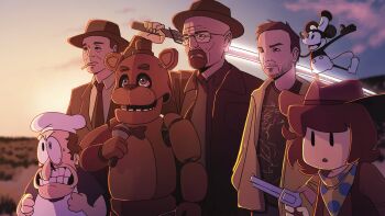 5boys animatronic beard breaking_bad brown_hair brown_hat brown_jacket brown_necktie brown_shirt character_request chef_hat clover_(undertale_yellow) collared_shirt commentary commission copyright_request donut_tweetz english_commentary facial_hair five_nights_at_freddy's freddy_fazbear glasses gun handgun hat highres holding holding_gun holding_microphone holding_sword holding_weapon jacket jesse_pinkman julius_robert_oppenheimer katana mickey_mouse mickey_mouse_&amp;_friends microphone mini_hat mini_top_hat multiple_boys necktie open_clothes open_jacket oppenheimer_(movie) outdoors peppino_spaghetti pizza_tower revolver shirt short_hair smoking steamboat_willie sword top_hat undertale undertale_yellow walter_white weapon white_hat white_shirt