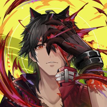 1boy animal_ears arknights black_hair collarbone commentary_request facial_scar hair_between_eyes highres jacket looking_at_viewer male_focus one_eye_covered parted_lips red_jacket sasa_kurumi scar scar_on_cheek scar_on_face solo upper_body wolf_boy wolf_ears wulfgard_(arknights) yellow_background