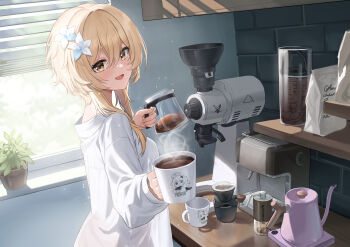 1girl ayul_(ayulneri_92) blonde_hair blush breasts coffee coffee_grinder coffee_maker coffee_mug coffee_pot cup flower genshin_impact hair_flower hair_ornament highres long_sleeves looking_at_viewer looking_back lumine_(genshin_impact) medium_breasts medium_hair mug open_mouth plant potted_plant shirt sidelocks smile solo white_shirt window yellow_eyes