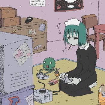 1girl chair female_focus food futaba_channel game_console gamecube indoors iya_maid lowres maid marimo neji_(futaba) oekaki on_floor open_mouth playing_games pocky seiza sitting solo table television video_game