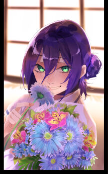 1girl absurdres blue_flower bouquet chainsaw_man flower green_eyes grin hair_between_eyes hair_bun highres holding holding_bouquet holding_flower indoors looking_at_viewer motsu_(onli_neet) purple_hair reze_(chainsaw_man) smile solo teeth window