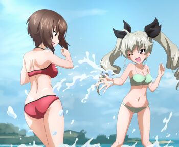 2girls absurdres anchovy_(girls_und_panzer) ass bikini blush breasts brown_eyes brown_hair cleavage collarbone commentary_request drill_hair girls_und_panzer green_bikini green_hair hair_ribbon highres key_(gaigaigai123) large_breasts long_hair looking_at_viewer multiple_girls navel nishizumi_maho ocean one_eye_closed open_mouth red_bikini ribbon short_hair shoulder_blades sky smile splashing swimsuit twintails