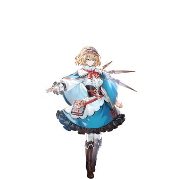 1girl alice_margatroid alternate_costume blonde_hair blue_eyes blue_skirt book boots bow bowtie brown_boots center_frills fold-over_boots frilled_hairband frills game_cg grimoire grimoire_of_alice hairband highres knee_boots lolita_hairband long_sleeves looking_at_viewer non-web_source official_art pantyhose red_bow red_bowtie red_hairband second-party_source shirt skirt solo touhou touhou_gensou_eclipse transparent_background u_u_zan white_pantyhose white_shirt