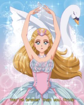 1990s_(style) 1girl :o animal animification armpits arms_up ballerina ballet barbie_(character) barbie_(franchise) barbie_of_swan_lake bird blonde_hair blue_eyes brenni_murasaki caption corset dress feather_dress feather_skirt feathers fifth_position_of_the_arms highres jewelry long_hair necklace odette_(barbie) odette_(swan_lake) pastel_colors retro_artstyle sparkle_background standing subtitled swan swan_hair_ornament swan_lake tiara tutu