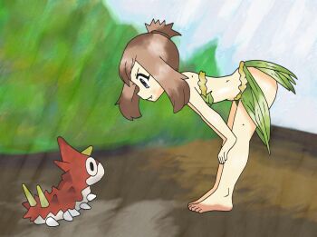 1girl amayzing2002 armpit_crease ass back barefoot bent_over bikini blue_eyes brown_hair child collarbone eyelashes fangs feet female_focus flat_chest from_side full_body gen_3_pokemon grass_skirt hands_on_own_knees highres jungle knees leaf_bikini legs looking_at_another looking_down may_(pokemon) medium_hair midriff nature navel neck nintendo no_bra no_panties official_alternate_costume outdoors pokemon pokemon_adventures profile revealing_clothes scratches sidelocks size_difference sky smirk standing stomach swept_bangs thighs toes tomboy topknot v-shaped_eyebrows wurmple