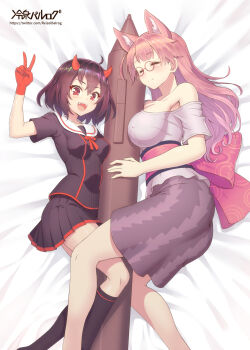 2girls :d animal_ear_fluff animal_ears artist_name bare_legs bare_shoulders bed_sheet black_hair black_shirt black_skirt black_socks blush breasts closed_eyes commentary_request fangs glasses gloves hentatsu highres horns huge_breasts irodori_(irodoriginal) kneehighs long_hair looking_at_viewer lying miniskirt multiple_girls neko_(hentatsu) off-shoulder_shirt off_shoulder on_side oni_(hentatsu) open_mouth oversized_object pink_hair pleated_skirt red-framed_eyewear red_gloves red_horns reisen_balrog round_eyewear shirt short_hair skirt small_breasts smile socks stylus twitter_username v