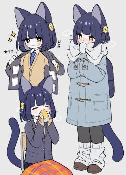 1girl :3 animal_ears backpack bag black_pantyhose blue_coat blunt_bangs blush bright_pupils brown_shoes cat_ears cat_girl cat_tail closed_mouth coat commentary_request cup drinking food-themed_hair_ornament full_body furry furry_female grey_background hair_ornament hands_in_opposite_sleeves highres holding holding_cup lemon_hair_ornament long_sleeves meg_(115meg) multiple_views original pantyhose purple_hair shoes short_hair simple_background sitting socks standing tail v-shaped_eyebrows white_pupils white_socks yellow_eyes