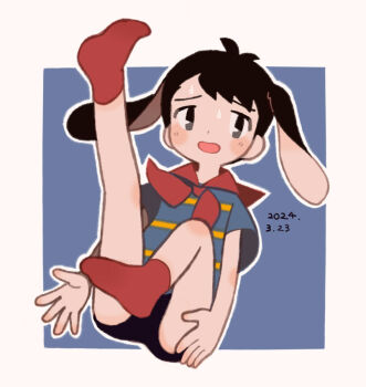 1boy animal_ears black_eyes black_hair black_male_underwear blush border commentary_request embarrassed full_body kemonomimi_mode looking_at_viewer lop_rabbit_ears male_focus male_underwear mother_(series) mother_1 neckerchief nervous ninten nintendo open_mouth outline rabbit_ears red_neckerchief red_socks shirt short_hair short_sleeves shota socks solo striped_clothes striped_shirt tanba_(tanba-art) underwear white_border white_outline