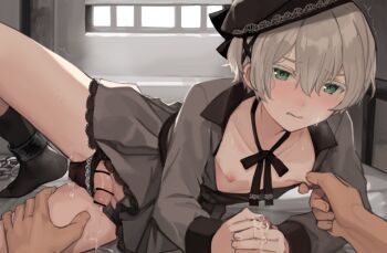 2boys after_anal after_rape bar_censor black_legwear black_panties blush cell censored chain chained collarbone collared_shirt crossdressing crossdressing_(mtf) crying crying_with_eyes_open cuffs cum dress green_eyes grey_dress grey_hair hair_between_eyes hand_on_thigh handjob hat indoors long_sleeves male_focus multiple_boys nipple_stimulation nipple_tweak nipples original panties penis prison rape shackles shirt shota socks solo_focus sunaba_(nczd5875) tears trap trembling two-handed_handjob underwear yaoi
