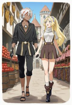 Rule 34 | 1boy, 1girl, albaz (yu-gi-oh!), black gloves, black pants, black sandals, black shirt, black shoes, blonde hair, blue sky, brown skirt, commentary request, dark-skinned male, dark skin, duel monster, ecclesia (yu-gi-oh!), eropen2025, european architecture, facial mark, food, forehead mark, fruit, gloves, grey eyes, grey hair, hetero, highres, holding hands, long hair, looking at another, meat, multicolored hair, open mouth, overall skirt, pants, pointy ears, ponytail, red eyes, red hair, sandals, shirt, shoes, short sleeves, skirt, sky, socks, streaked hair, two-tone hair, white shirt, white socks, yu-gi-oh!