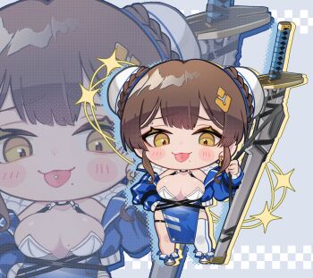 1girl arm_up bare_shoulders black_choker blue_dress blue_jacket braid braided_bun breasts brown_hair bun_cover chaos_zero_nightmare chibi choker cleavage cropped_jacket double_bun dress gradient_clothes gradient_dress hair_bun hair_ornament highres huge_weapon jacket large_breasts looking_at_viewer mole mole_on_breast mole_under_mouth off_shoulder open_clothes open_jacket open_mouth panty_straps pelvic_curtain piercing short_hair_with_long_locks single_thighhigh smile solo strapless strapless_dress sword thigh_strap thighhighs tongue tongue_out tongue_piercing weapon yellow_eyes yosho_chan yuki_(chaos_zero_nightmare)