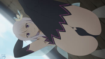 1girl armpits ass bridal_gauntlets closed_mouth energy_wings fairy gloves hair_ornament keihh kisaragi_reona kyuukyoku_shinka_shita_full_dive_rpg_ga_genjitsu_yori_mo_kusoge_dattara legs_up long_hair looking_at_viewer multicolored_eyes purple_hair pussy smile solo thighhighs thighs wings