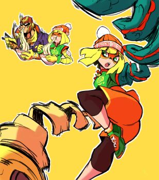 1boy 1girl arms_(game) beanie blonde_hair bowl captain_falcon domino_mask eating eye_mask f-zero food green_eyes hat mask mechapen min_min_(arms) nintendo noodles orange_shorts pantyhose pantyhose_under_shorts ramen shoes short_hair shorts sneakers super_smash_bros. yellow_background