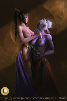 Rule 34 | 2girls, anato finnstark, baldur's gate, baldur's gate 3, black hair, blade to throat, breasts, colored skin, dagger, dungeons & dragons, dungeons &amp; dragons, highres, knife, large breasts, loincloth, multiple girls, nipples, pointy ears, ponytail, purple skin, realistic, topless female, weapon, white hair