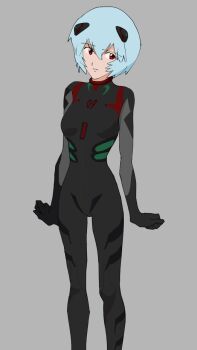 1girl ayanami_rei bad_id bad_twitter_id black_bodysuit blue_hair bodysuit clenched_hands evangelion:_3.0_you_can_(not)_redo grey_background highres interface_headset_(evangelion) looking_at_viewer mecha_pilot_suit neon_genesis_evangelion plugsuit_(evangelion) rebuild_of_evangelion simple_background solo swirl9017