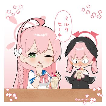 2girls ;q ahoge beret black_hat black_shirt black_wings blue_archive blue_sailor_collar blush border bow braid breasts capriccyo chibi closed_mouth commentary_request cup drinking_glass drinking_straw feathered_wings gradient_background green_eyes hair_bow halo hanako_(blue_archive) hand_to_own_mouth hands_up hat head_wings highres holding holding_cup koharu_(blue_archive) large_breasts long_hair long_sleeves low_wings milkshake multiple_girls nose_blush one_eye_closed open_mouth pink_background pink_hair puffy_long_sleeves puffy_sleeves sailor_collar school_uniform serafuku shirt short_sleeves sleeves_past_wrists smile tongue tongue_out translation_request twintails twitter_username upper_body wavy_mouth white_background white_border white_bow white_sailor_collar white_shirt wings