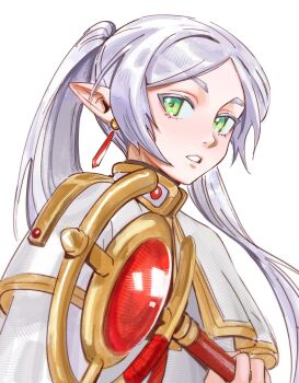 Rule 34 | 1girl, capelet, colored eyelashes, commentary, earrings, elf, english commentary, frieren, gold trim, green eyes, grey hair, highres, holding, holding staff, jacket, jewelry, long hair, looking at viewer, olivetart, parted bangs, parted lips, pointy ears, solo, sousou no frieren, staff, twintails, upper body, white background, white capelet, white jacket