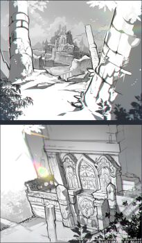 artist_name broken_pillar caesty castle commentary_request company_name copyright_notice dated_commentary english_text fence greyscale korean_commentary lens_flare monochrome nexon official_art outdoors pillar production_art ruins scenery sky tales_weaver watermark web_address