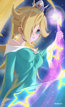 alternate_breast_size_(larger) aqua_dress brooch crown dress earrings grand_star_(mario) grey_crown hair_over_one_eye highres holding holding_wand jewelry mario_(series) mario_kart mario_kart_tour nintendo off-shoulder_dress off_shoulder rosalina silver_crown star_(symbol) star_bit star_brooch star_earrings star_wand stteroo super_mario_galaxy super_star_(mario) wand