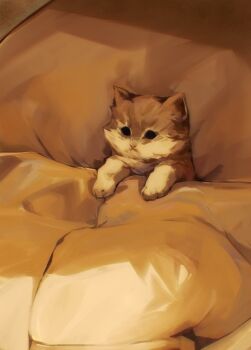 :&lt; absurdres animal animal_focus blanket cat commentary english_commentary highres momdadno no_humans original pillow solo