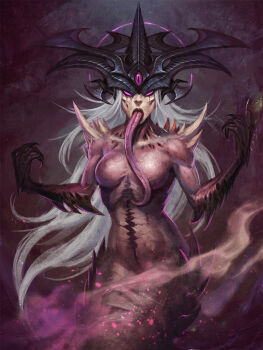 1girl breasts chaos_(warhammer) cleavage colored_skin commentary demon_horns english_commentary fantasy fingernails glowing glowing_eyes halo horns klaher_baklaher long_hair long_tongue medium_breasts no_nipples no_pupils nude open_mouth pink_eyes pink_halo sharp_fingernails shoulder_spikes slaanesh slit_pupils solo spiked_arm spiked_hips spikes third_eye tongue tongue_out warhammer_40k white_hair