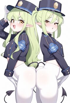 2girls absurdres ai-assisted armband ass ass-to-ass ass_press black_hat black_jacket black_tail blue_archive blue_armband come_hither earrings green_hair green_halo grin halo hat highres hikari_(blue_archive) huge_ass jacket jewelry loli long_hair looking_at_viewer multiple_girls naughty_face nozomi_(blue_archive) pantyhose pointy_ears siblings sleeves_past_wrists smile tail twins twintails very_long_hair white_pantyhose yellow_eyes