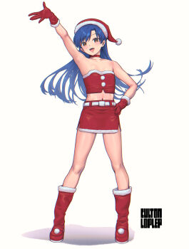 1girl absurdres arm_up artist_name bare_shoulders belt blue_hair boots brown_eyes choker culton detached_sleeves flat_chest floating_hair full_body fur-trimmed_boots fur_trim gloves hand_on_own_hip hat highres idolmaster idolmaster_(classic) kisaragi_chihaya long_hair looking_at_viewer miniskirt navel open_mouth red_boots red_choker red_gloves red_skirt santa_costume santa_hat simple_background skirt smile solo standing strapless white_background white_belt