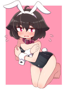 1girl animal_ears artist_self-insert bare_legs bare_shoulders barefoot black_hair black_leotard blush breasts collar commentary_request covered_navel crossed_arms fake_animal_ears flying_sweatdrops full_body hair_between_eyes hairband highres leotard looking_at_viewer naga_u naga_u-chan open_mouth original pink_background playboy_bunny purple_collar rabbit_ears rabbit_tail red_eyes short_eyebrows small_breasts solo strapless strapless_leotard sweat tail thick_eyebrows two-tone_background wavy_mouth white_background white_hairband wrist_cuffs