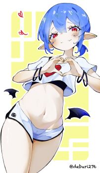 1girl absurdres alternate_costume bat_wings belly black_sports_bra blue_hair blush bracelet cameltoe closed_mouth commentary deburi276 fang hair_between_eyes heart heart_hands highres jewelry looking_at_viewer medium_hair midriff navel no_headwear pointy_ears ponytail red_eyes remilia_scarlet shirt short_ponytail short_sleeves shorts smile solo sports_bra sports_bra_peek t-shirt thighs touhou twitter_username vampire white_shirt white_shorts wings