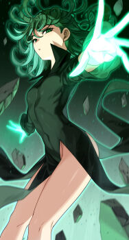 1girl absurdres aura bare_legs breasts commentary covered_navel curly_hair debris dress expressionless eyelashes feet_out_of_frame floating floating_hair floating_rock from_side glowing glowing_hand gradient_background green_background green_dress green_eyes green_hair highres looking_at_viewer medium_hair no_panties one-punch_man onimoti outstretched_arms outstretched_hand parted_lips resolution_mismatch ribs simple_background small_breasts solo source_smaller tatsumaki taut_clothes taut_dress telekinesis thighs