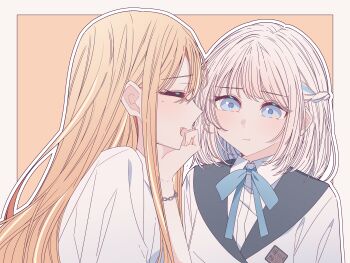 2girls absurdres blue_eyes blue_ribbon bracelet braid closed_eyes closed_mouth commentary_request gakuen_idolmaster hair_ribbon half_up_braid highres idolmaster jewelry katsuragi_lilja kousaka_0v0 long_hair mole mole_under_eye multiple_girls neck_ribbon open_mouth orange_hair ribbon ribbon_braid school_uniform shirt shiun_sumika upper_body white_shirt