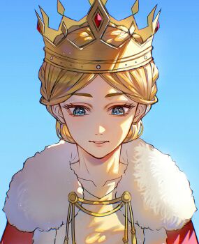 1girl aida_aot blonde_hair blue_background blue_eyes cloak crown dress ermine fur-trimmed_cloak fur_trim gem highres krista_lenz long_hair parted_bangs parted_lips queen red_cloak red_gem shingeki_no_kyojin solo updo upper_body weasel white_dress