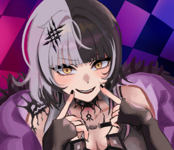 1girl black_arm_warmers black_choker black_hair black_nails breasts cathpalug9 choker cleavage coat fur-trimmed_coat fur_trim grey_hair hololive hololive_english long_hair looking_at_viewer multicolored_hair purple_coat shiori_novella shiori_novella_(1st_costume) solo split-color_hair two-tone_hair virtual_youtuber yellow_eyes yorick_(shiori_novella)