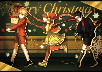 1girl 2boys :d absurdres adachi_tooru aged_down black_gloves black_hair black_jacket black_shoes black_shorts black_socks black_vest bow bowtie box box_stack brown_hair candy candy_cane cape chinese_commentary christmas christmas_tree_print closed_eyes commentary_request confetti cousins doujima_nanako dress dress_shoes food frilled_dress frills full_body fur-trimmed_cape fur-trimmed_shoes fur_trim gift gift_box glasses gloves grey_eyes grey_hair hand_in_pocket hands_on_headwear hands_up hat highres holding holding_box holding_candy holding_candy_cane holding_food holding_gift holly jacket kneehighs layered_clothes leg_up letterboxed long_sleeves looking_at_another looking_to_the_side mary_janes merry_christmas multiple_boys narukami_yu open_clothes open_jacket open_mouth outline outstretched_arm over_shoulder pantyhose persona persona_4 persona_4_the_golden pixelated plaid_background red-tinted_eyewear red_bow red_bowtie red_cape red_hat red_jacket red_pantyhose red_ribbon red_shorts red_sweater ribbon running santa_hat shoes short_hair shorts smile snowflake_print snowflakes socks star_(symbol) star_print sweater teeth tinted_eyewear turtleneck turtleneck_sweater upper_teeth_only vest walking white_outline white_shoes white_socks xinjinjumin827309438066 yellow_dress