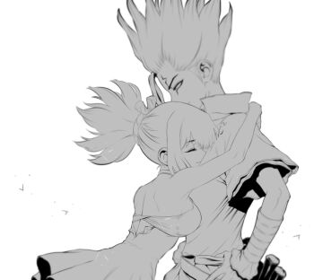 1boy 1girl bandaged_arm bandages bare_shoulders breasts brother_and_sister closed_eyes closed_mouth dr._stone dress facial_mark forehead_mark from_side gloves greyscale hand_on_own_hip hug ishigami_senkuu kohaku_(dr._stone) long_hair monochrome ninomae_gin ponytail profile siblings smile spiked_hair torn_clothes white_background