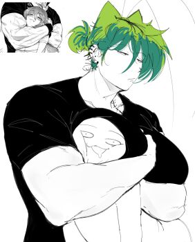 1boy 1girl 2023 absurdres antennae arthropod_girl between_breasts black_shirt breasts caitvi_like_this_when_(meme) choke_hold cockroach_girl collarbone commentary constricted_pupils drooling ear_piercing english_commentary gradient_hair half-closed_eyes highres huge_breasts looking_ahead meme mole mole_under_mouth monochrome multicolored_hair muscular muscular_arms muscular_female original piercing reference_inset rochi_(rrrroch1) rrrroch1 shirt short_hair short_sleeves simple_background size_difference spot_color strangling tall_female tattoo thirty_8ght two-tone_hair upper_body white_background