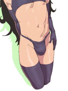 1boy bulge crop_top crossdressing crossdressing_(mtf) elbow_gloves gloves im_aedf natsuki_subaru navel panties purple_gloves purple_thighhighs re:zero_kara_hajimeru_isekai_seikatsu solo standing stomach stomach_focus thighhighs trap underwear