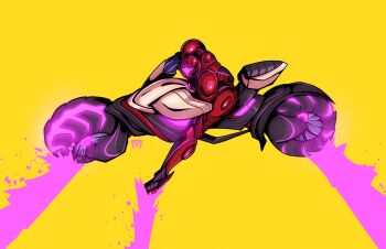 1girl akira_slide arm_cannon armor assault_visor commentary drifting highres looking_at_viewer metroid metroid_prime_4:_beyond motor_vehicle motorcycle nintendo patmakesart power_suit_(metroid) purple_visor samus_aran shoulder_armor solo vi-o-la vi-o-la_suit weapon yellow_background