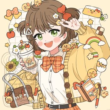 Rule 34 | 1girl, :d, apple, arm up, bag, blush stickers, border, bow, bowtie, brown hair, buttons, cardigan, checkerboard cookie, collared shirt, commentary, cookie, cup, disposable cup, eeppa, food, fruit, green eyes, grid background, highres, long sleeves, looking at viewer, notebook, open cardigan, open clothes, open mouth, orange bow, orange bowtie, original, outside border, pen, rainbow, shirt, short hair, smile, solo, star (symbol), symbol-only commentary, two side up, upper body, white background, white shirt, yellow border, yellow cardigan