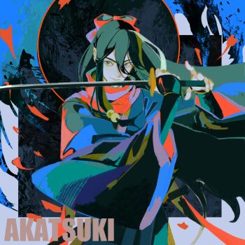 1girl black_hair black_kimono borrowed_character bow character_name commission double-parted_bangs epaya_hakase hair_between_eyes hair_bow hand_up hands_up highres japanese_clothes kimono light_smile limited_palette long_hair long_sleeves original parted_lips purple_eyes red_bow red_scarf reverse_trap scarf second-party_source solo standing upper_body