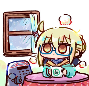 Rule 34 | 1girl, artoria pendragon (fate), blonde hair, blue eyes, blue jacket, blue sweater, braid, brown eyes, chibi, commentary request, cup, curtains, fate/grand order, fate (series), glasses, hair between eyes, hair bun, holding, holding cup, indoors, jacket, kasuga yuuki, long sleeves, mug, mysterious heroine x alter (fate), puffy long sleeves, puffy sleeves, semi-rimless eyewear, solo, sweater, table, under-rim eyewear, window