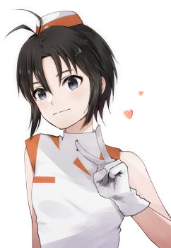 1girl :| antennae bare_shoulders black_eyes black_hair breasts closed_mouth commentary dress expressionless garrison_cap gloves hair_between_eyes hat heart idolmaster idolmaster_(classic) idolmaster_2 idolmaster_million_live! idolmaster_million_live!_theater_days kikuchi_makoto light_blush looking_at_viewer mogskg orange_dress orange_hat short_hair simple_background sleeveless sleeveless_dress small_breasts solo symbol-only_commentary two-tone_dress two-tone_headwear upper_body v voy@ger_(idolmaster) white_background white_dress white_gloves white_hat