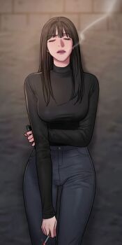 Rule 34 | 1girl, bad thinking diary, black hair, black pants, black shirt, blue eyes, cigarette, closed mouth, highres, kang yuna (bad thinking diary), long hair, long sleeves, open mouth, pants, shirt, solo, very long hair