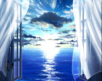 blue_sky cloud cloudy_sky commentary_request curtains horizon mitsukasa morning no_humans ocean open_window original scenery sky sunrise vase water window