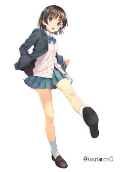 1girl bag black_hair black_jacket blazer blue_bow blue_skirt bow breasts brown_footwear cardigan collared_shirt commentary_request full_body green_eyes jacket koutaro long_sleeves looking_at_viewer open_clothes open_jacket open_mouth original pleated_skirt school_bag school_uniform shirt shoe_soles simple_background skirt small_breasts socks solo standing standing_on_one_leg twitter_username white_background white_cardigan white_shirt white_socks