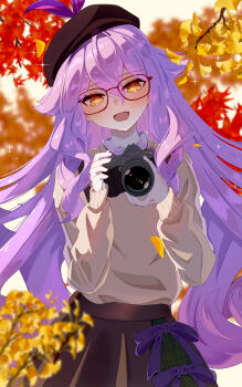 1girl :d absurdres autumn_leaves beret blurry blurry_background blurry_foreground branch brown-framed_eyewear brown_eyes brown_hat brown_skirt brown_sweater camera commentary_request depth_of_field eight_(eight3rd1) fang glasses hair_between_eyes hands_up hat highres holding holding_camera honkai_(series) honkai_impact_3rd leaf long_hair long_sleeves open_mouth puffy_long_sleeves puffy_sleeves purple_hair sirin skirt smile solo sweater very_long_hair