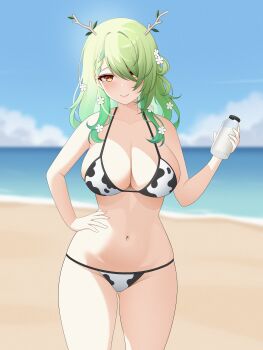 1girl absurdres alternate_costume animal_print antlers beach bikini blue_sky blurry blurry_background blush bottle braid breasts ceres_fauna cleavage closed_mouth commentary cow_print cow_print_bikini cowboy_shot day drey525 english_commentary flower glass_bottle green_hair hair_flower hair_ornament hair_over_one_eye hand_on_own_hip highres holding holding_bottle hololive hololive_english horns large_breasts long_hair looking_at_viewer milk milk_bottle mole mole_under_eye navel outdoors parted_bangs print_bikini sky smile solo stomach swept_bangs swimsuit virtual_youtuber yellow_eyes