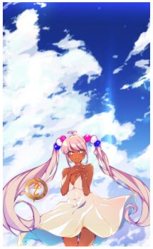1girl absurdres bare_shoulders blue_sky border breasts cleavage cloud cloudy_sky dark-skinned_female dark_skin dress hair_ornament highres hololive large_breasts limiter_(tsukumo_sana) long_hair looking_at_viewer pink_hair planet_hair_ornament revekiwi sky sleeveless sleeveless_dress smile solo tsukumo_sana twintails very_long_hair virtual_youtuber white_border white_dress yatagarasu_(tsukumo_sana) yellow_eyes yellow_nails